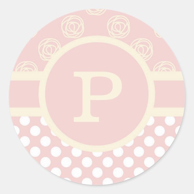Single Custom Monogram Polka Dot und Rose Runder Aufkleber (Vorderseite)