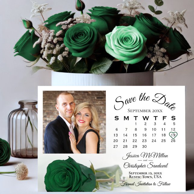 Single Emerald Green Rose Wedding Calendar & Foto Save The Date (Von Creator hochgeladen)