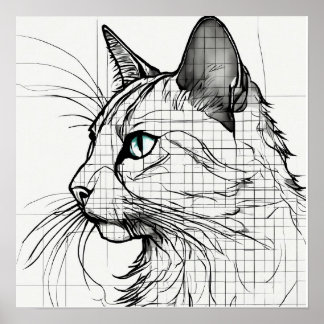 Single Lines Grid Sketch von Black Cat Silhouette Poster