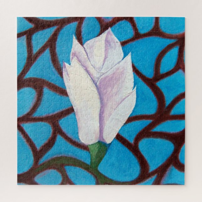 Single Magnolia Blume Blaues Template Frühjahr Puzzle (Vertikal)