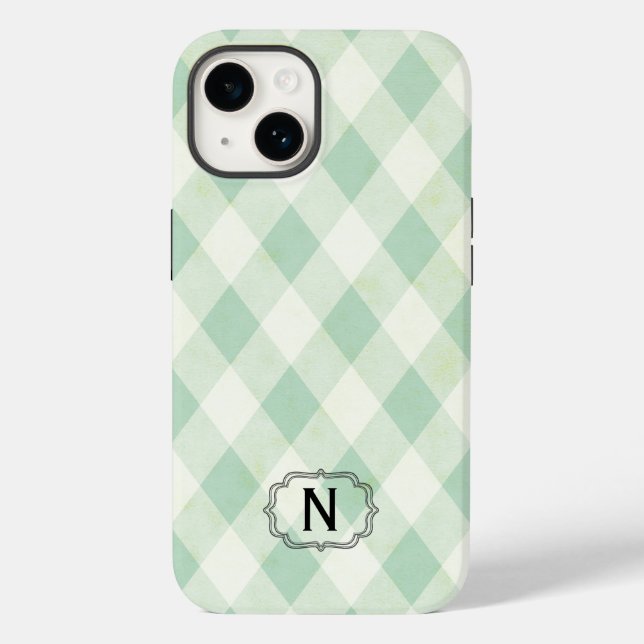 Single Monogram Gerahmt auf Mint und Green Gingham Case-Mate iPhone Hülle (Rückseite)