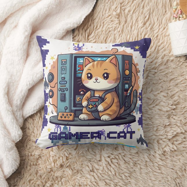 Single Niedlich Gamer Cat Blue Print Kissen (Decke)