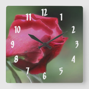 Single Red Rosebud Flower Quadratische Wanduhr