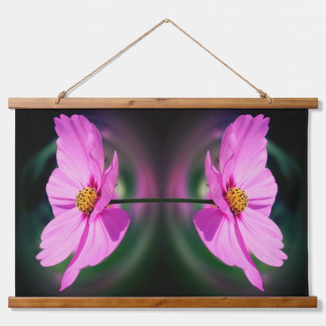 Single Rosa Kosmos Blume Abstrakt Wandteppich Mit Holzrahmen (Vorne)