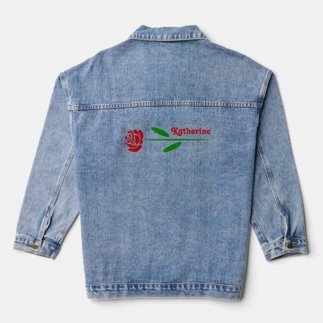 Single Rote Rose Grüner Stem Blätter Personalisier Jeansjacke (Rückseite)