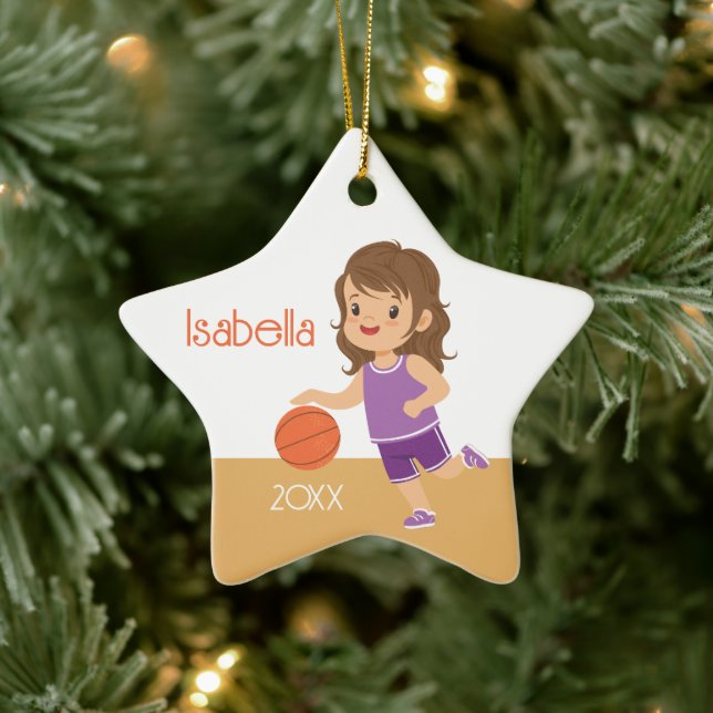 Single Side Brünett Girl Basketball Keramik Ornament (Baum)