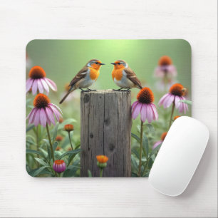 Singvögel auf einem Zaunpfosten mit Kegelblumen Mousepad