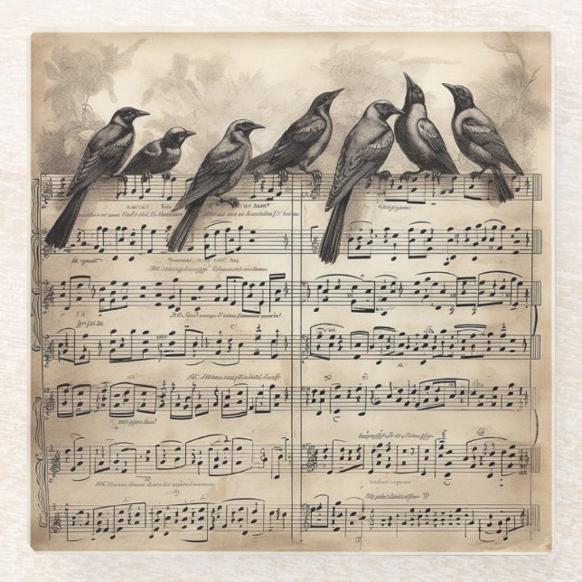 Singvögel auf einer musikalischen Komposition Glasuntersetzer (Vorderseite)