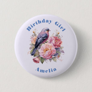 Singvogel auf rosa Pfingstrosen Geburtstagsmädchen Button