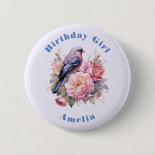 Singvogel auf rosa Pfingstrosen Geburtstagsmädchen Button (Vorderseite)