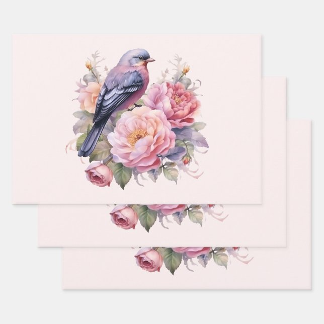 Singvogel auf rosa Pfingstrosen Geschenkpapier Set (Set)