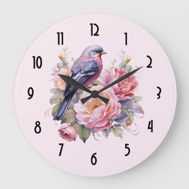 Singvogel auf rosa Pfingstrosen Große Wanduhr (Vorderseite)