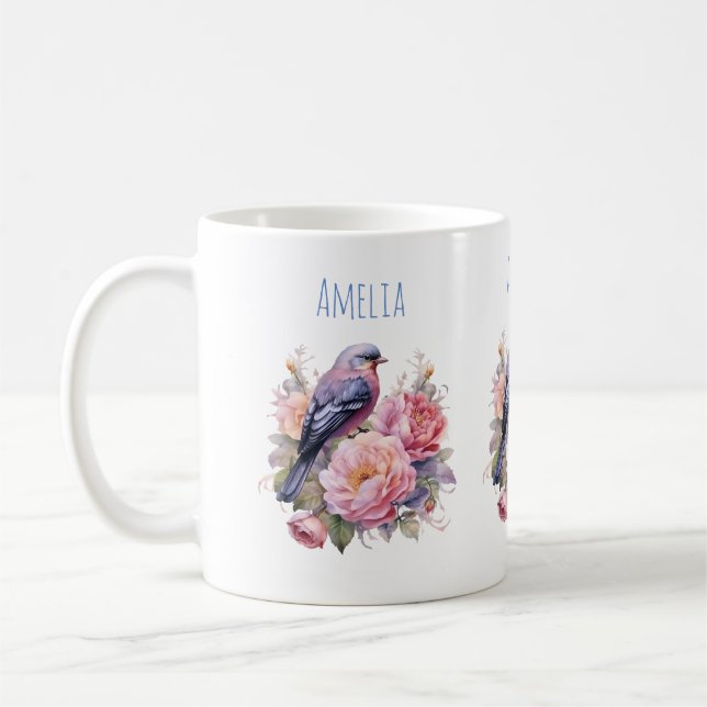 Singvogel auf rosa Pfingstrosen Kaffeetasse (Links)