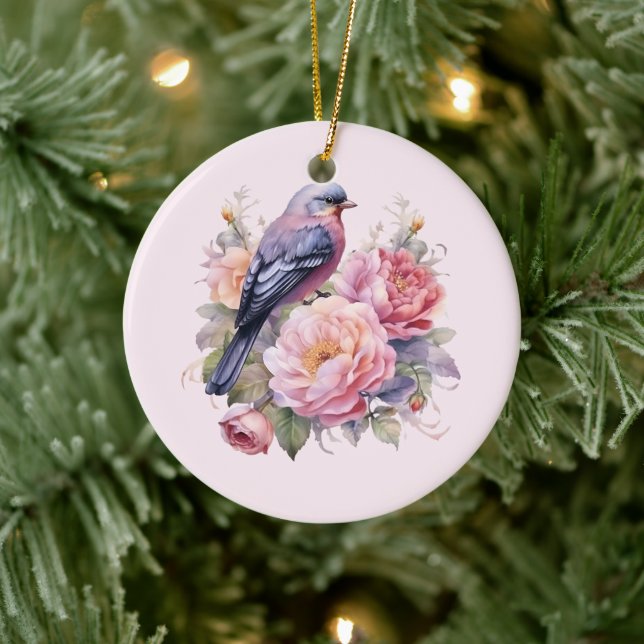 Singvogel auf rosa Pfingstrosen Keramik Ornament (Baum)