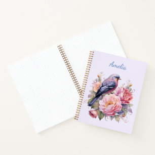 Singvogel auf rosa Pfingstrosen Notizbuch