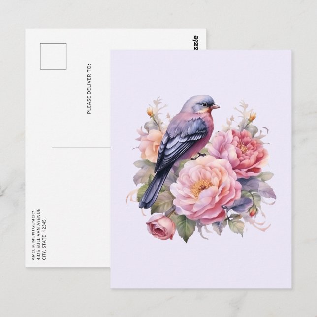Singvogel auf rosa Pfingstrosen Postkarte (Vorne/Hinten)
