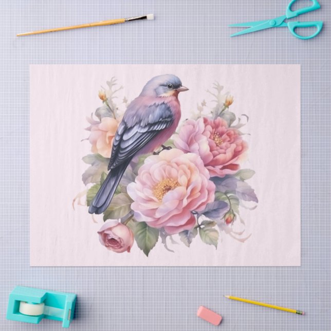 Singvogel auf rosa Pfingstrosen Seidenpapier (Basteln)
