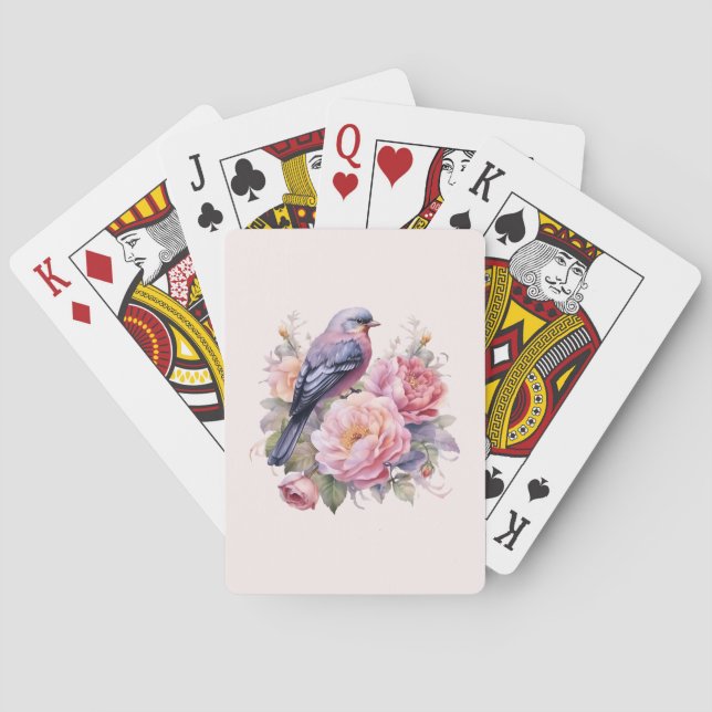 Singvogel auf rosa Pfingstrosen Spielkarten (Rückseite)