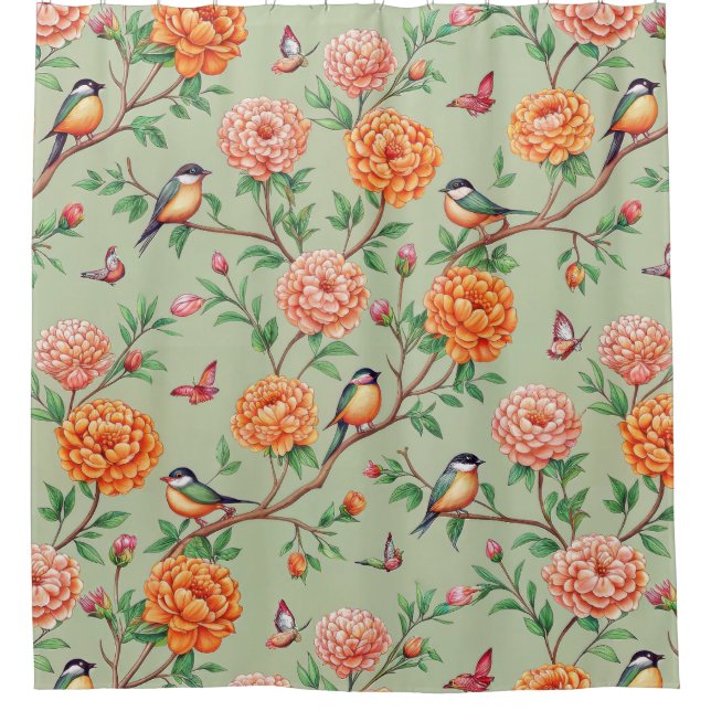 Singvogel-Blumen-Botanik - Orange Blüten Mint-Farb Duschvorhang (Vorderseite)
