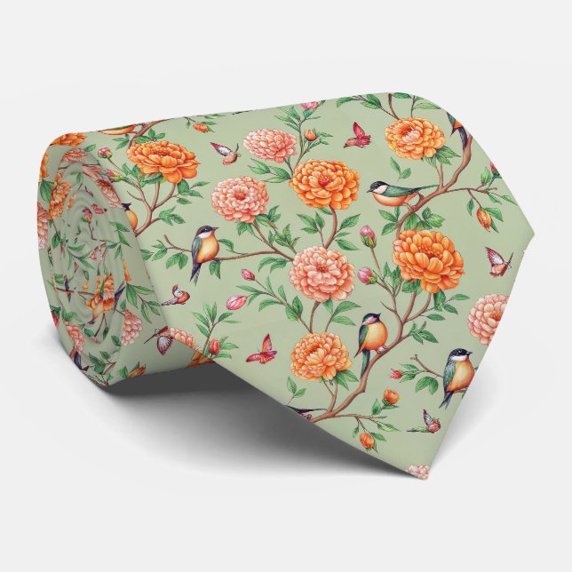 Singvogel-Blumen-Botanik - Orange Blüten Mint-Farb Krawatte (Gerollt)