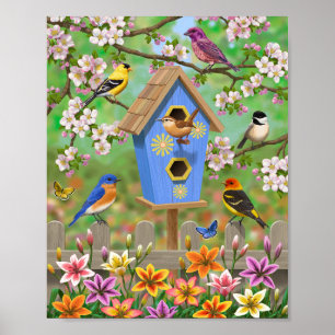 Singvögel Lilien-Garten-Vogelhaus Poster