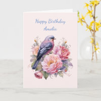 Singvogel sitzt auf rosa Pfingstrosen Geburtstag