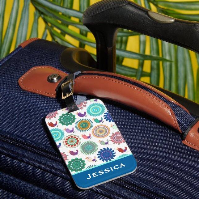 Singvogel und Mandala Folk Muster Personalisiert Gepäckanhänger (Vorderseite Insitu 1)