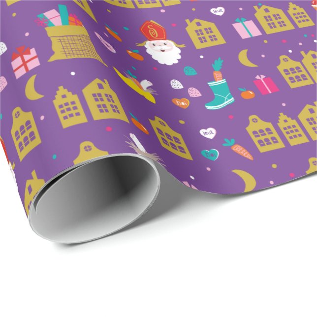 Sinterklaas met huisjes, zak kadootjes en snoep geschenkpapier (Rolleneckpunkt)