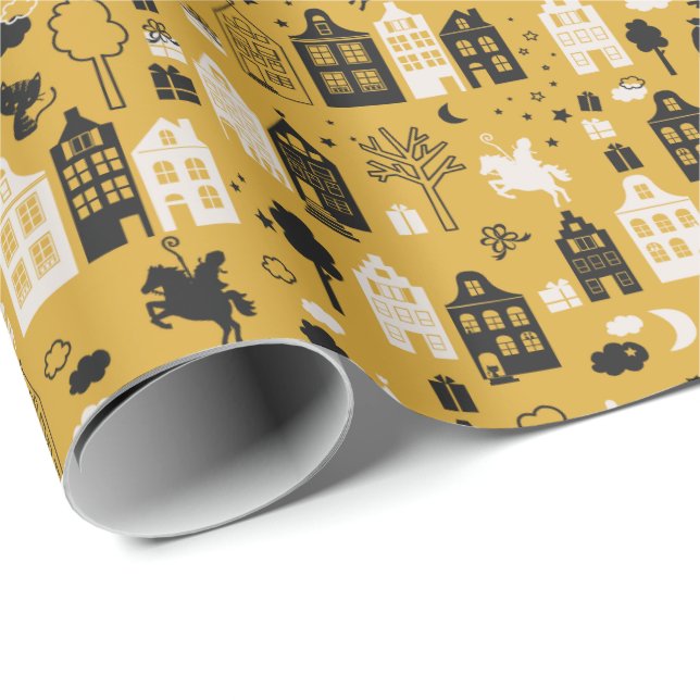 Sinterklaas met paard en huisjes oker geschenkpapier (Rolleneckpunkt)