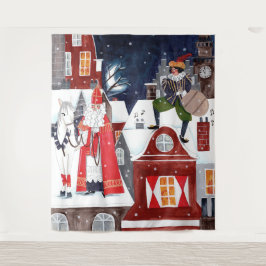 Sinterklaas Nacht Dorf Niederländische Feiertags-W Wandteppich