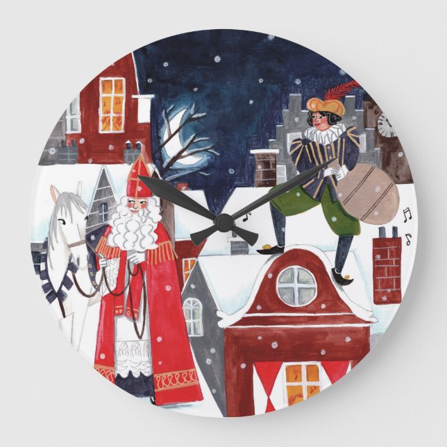 Sinterklaas Night Village Dutch Holiday Wall Clock Große Wanduhr (Vorderseite)