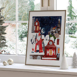 Sinterklaas und Piet auf den Dächern von Amsterdam Poster