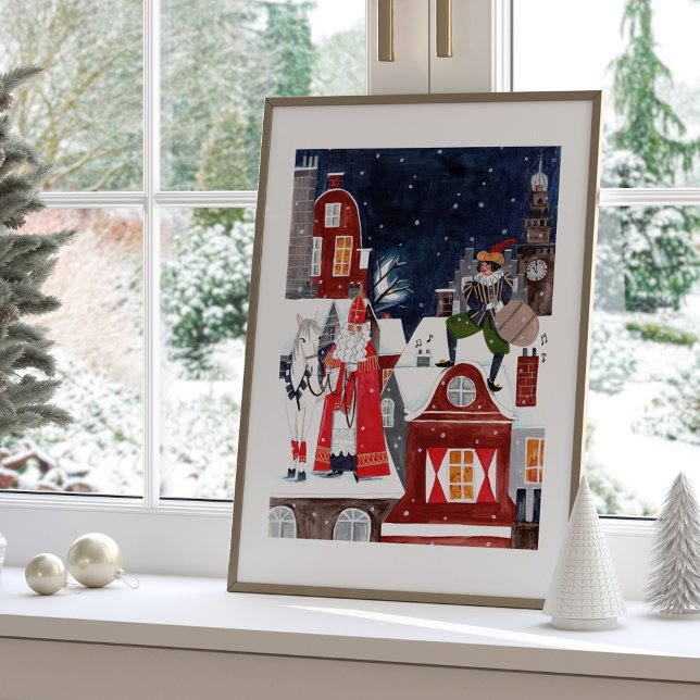 Sinterklaas und Piet auf den Dächern von Amsterdam Poster (Saint Nicholas on the roofs of Amsterdam Poster)