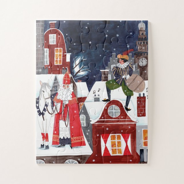 Sinterklaas und Piet auf den Dächern von Amsterdam Puzzle (Vertikal)