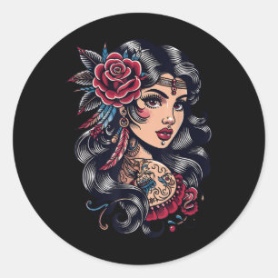Sinti und Roma Lady _ Boho Style _ Tattoo Art _ Vi Runder Aufkleber
