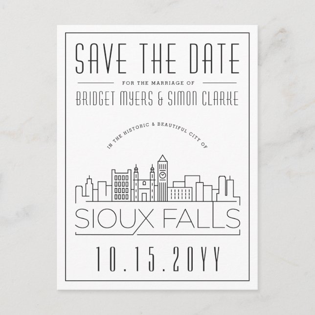 Sioux Falls Wedding Stylistic Skyline Save the Dat Postkarte (Vorderseite)