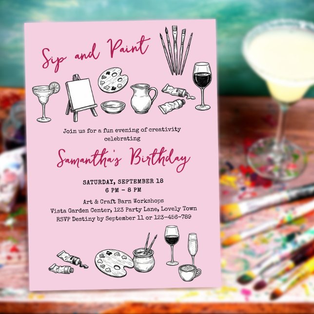 Sip and Paint Art and Wine Birthday Party Einladung (Sip and Paint invitation, fun activity based celebration or business event for customers)