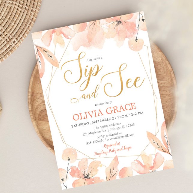 Sip and See baby girl, rot pink golden elegant Einladung (Von Creator hochgeladen)