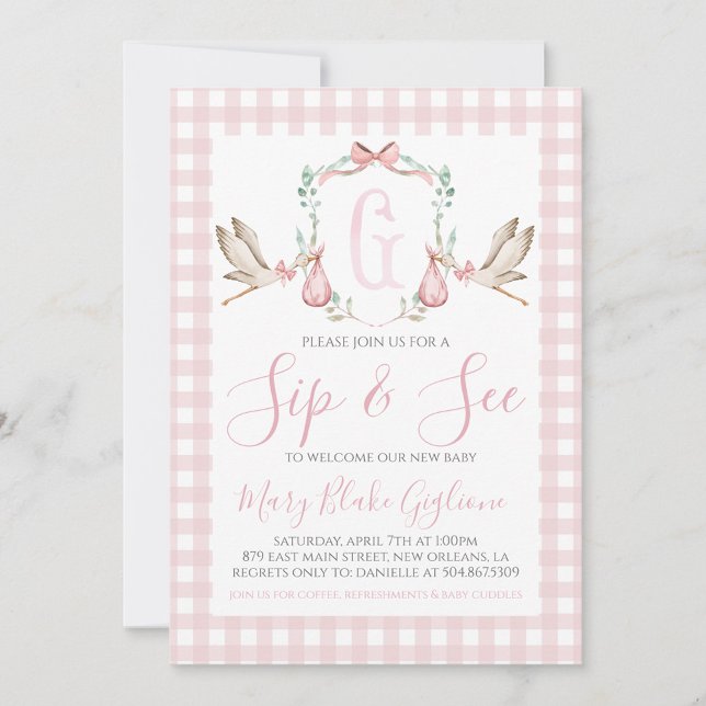 Sip and See Baby Girl Watercolor Stork Einladung (Von Creator hochgeladen)