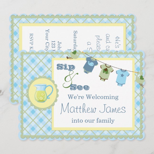 Sip and See Blue Gingham Bunting Baby Shower Einladung (Vorne/Hinten)