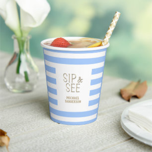 Sip and See Blue Striped Baby Boy Party Pappbecher