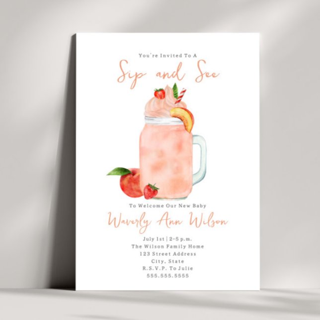 Sip and See Peach Smoothie New Baby Einladung (Von Creator hochgeladen)