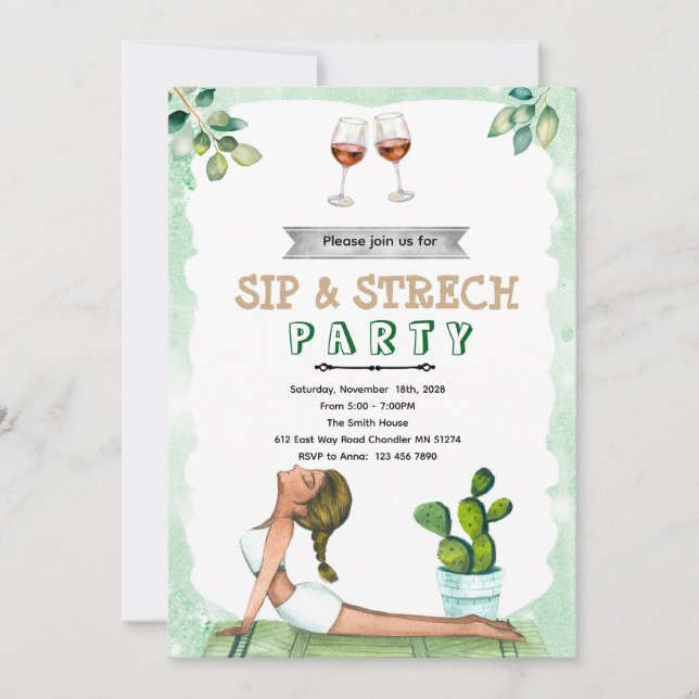 Sip and Stretch Wine and Yoga invitation Einladung (Vorderseite)