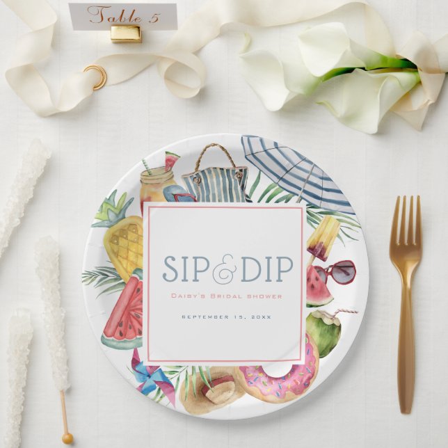 Sip & Dip Pool Party Regenschirm Rosa Brautparty Pappteller (Hochzeit)