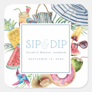 Sip & Dip Pool Party Sonnenschirm Blau Brautdusche Quadratischer Aufkleber