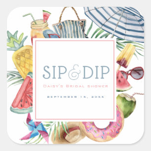 Sip & Dip Pool Party Sonnenschirm Rosa Brautparty Quadratischer Aufkleber