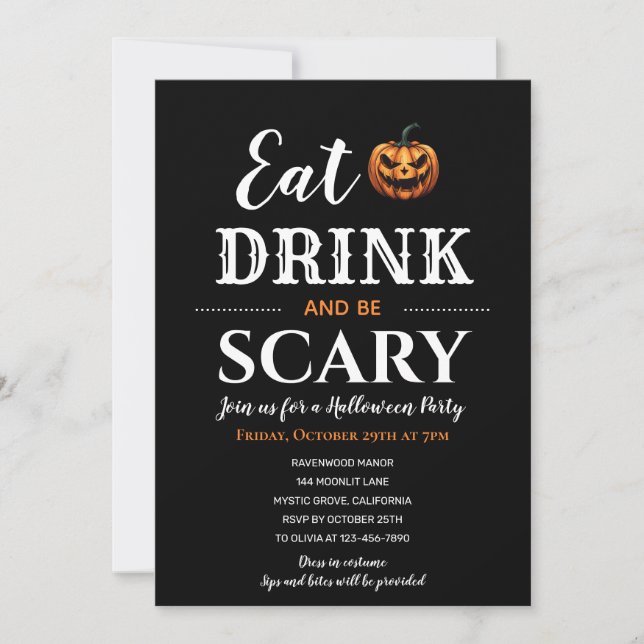 Sip, Fest & Fright: Moderne Halloween-Typografie Einladung (Vorderseite)