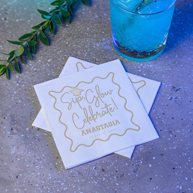 Sip Glow Celebrate Script Grad Cap Abschluss Servietten Mit Folie (Sip Glow Celebrate Script Grad Cap Graduation Foil Napkins)