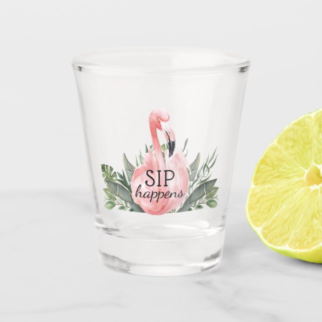 SIP Happens Funny Tropical Flamingo Schnapsglas (Vorderseite)
