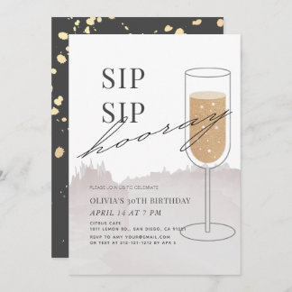 Sip Hooray Gold Champagne Gray Geburtstag Einladung